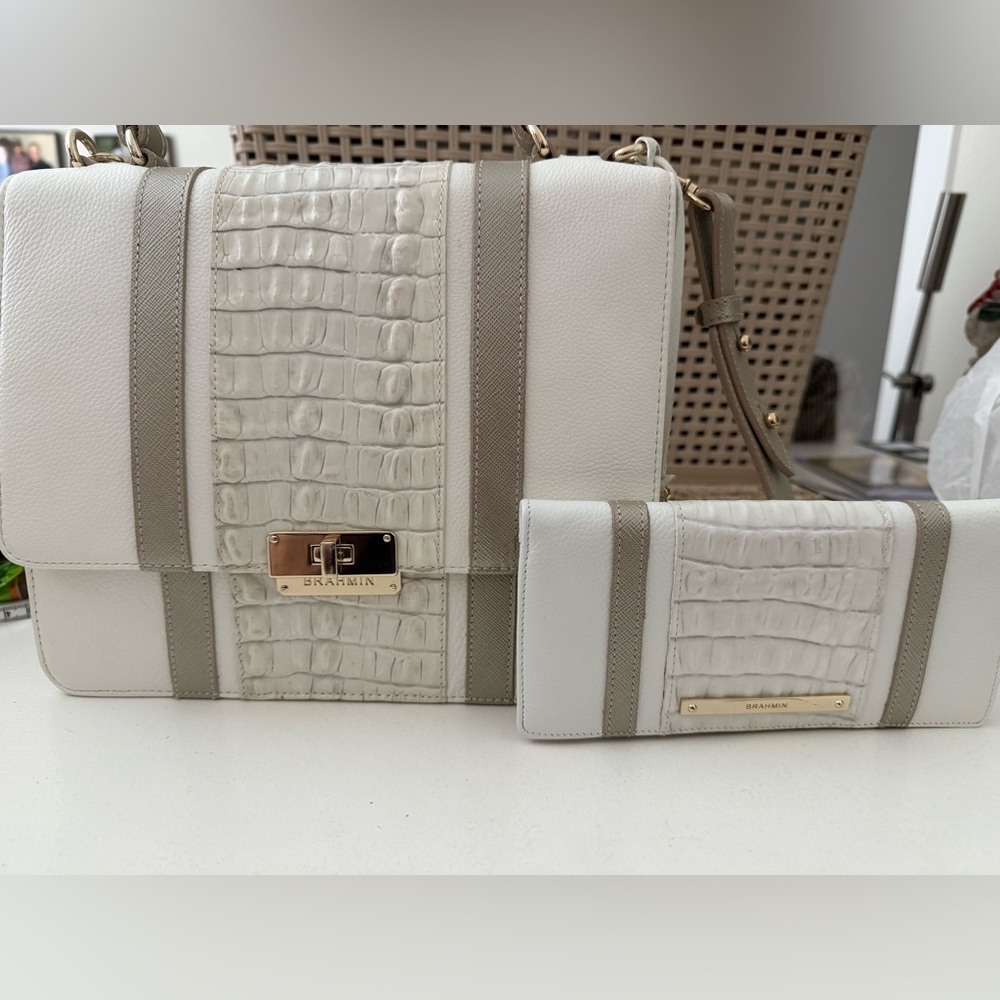 Brahmin Cream and Taupe Tote with matching wallet